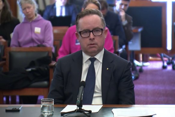 Qantas chief executive Alan Joyce at the Senate committee hearing, where he obfuscated on providing a total figure for the amount owing to customers of COVID flight credits.