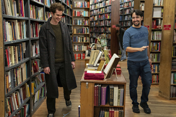 Andrew Garfield, left, with director-producer Lin-Manuel Miranda on the set of “tick, tick.. .BOOM!“.