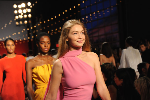 Gigi Hadid in millennial pink on the runway for Brandon Maxwell in 2018.