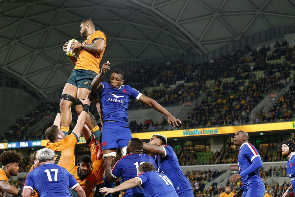 Lukhan Salakaia-Loto wins a lineout for the Wallabies on a night where the French pinched a few at crucial times.