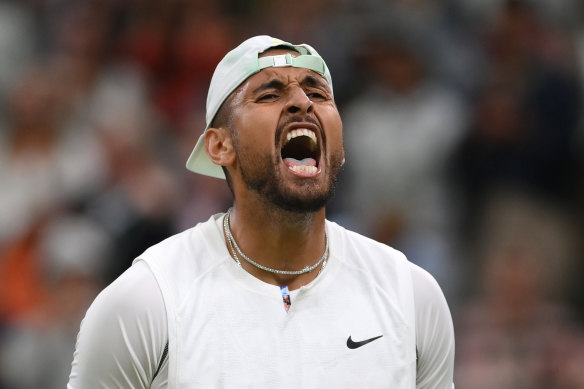 Nick Kyrgios celebrates winning against Stefanos Tsitsipas of Greece.