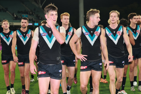 The Power after their loss against Carlton at Adelaide Oval.