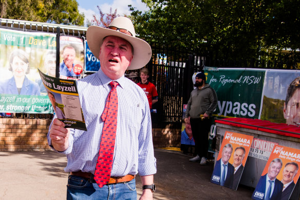 Federal Nationals MP Barnaby Joyce, campaigning on behalf of Nationals candidate David Layzell at the recent NSW Upper Hunter byelection. 