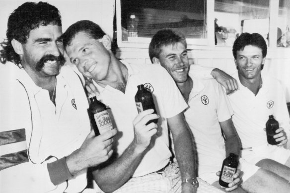 Australia’s Merv Hughes, Craig McDermott, Bruce Reid, Steve Waugh enjoy a beer after a Test win over New Zealand in 1987.