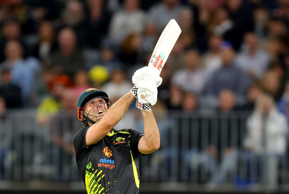 Mitch Marsh batting against England in Perth on Sunday.