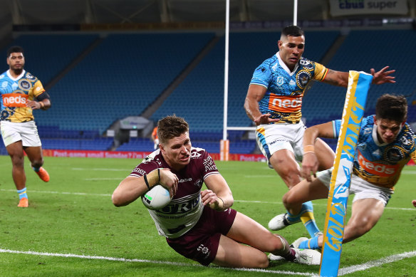 Foursome ... the Manly winger scoring one of four tries against the Gold Coast in round 15.