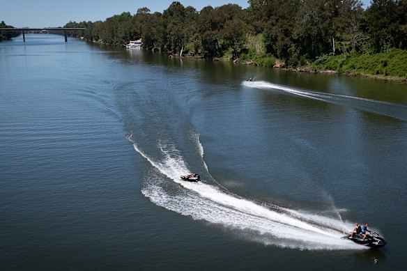 Jetskis are ridden on the Nepean River at Penrith, where temperatures were above 40 degrees. 