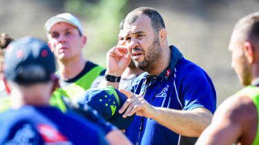 Uncertain future: Wallabies coach Michael Cheika addresses his players. 