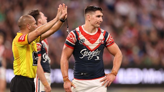 Referee Ashley Klein sends Victor Radley to the sin bin.
