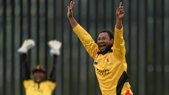 Papua New Guinea captain Assad Vala claims Jersey captain Peter Gough leg-before at a 2015 World Twenty20 qualifier.