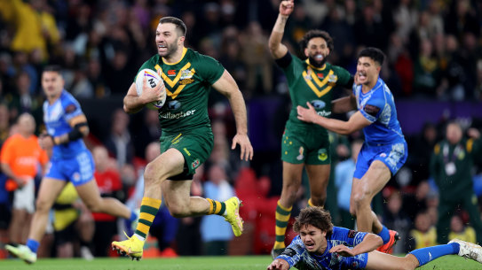 James Tedesco runs away for one of his two tries.