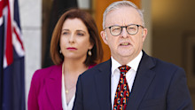 Minister for Communications and Minister for Sport Anika Wells and Prime Minister Anthony Albanese during a press conference at Parliament House in Canberra on Monday 10 November 2025. fedpol Photo: Alex Ellinghausen