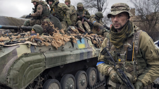 A Ukrainian vehicle, outside Kyiv, on April 2.