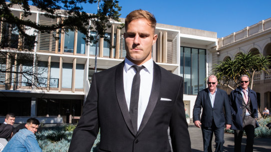 St George Illawarra player Jack de Belin at Wollongong District Court last month. De Belin has pleaded not guilty to five counts of aggravated sexual assault after being charged with raping a 19-year-old woman in a Wollongong apartment at the end of 2018.