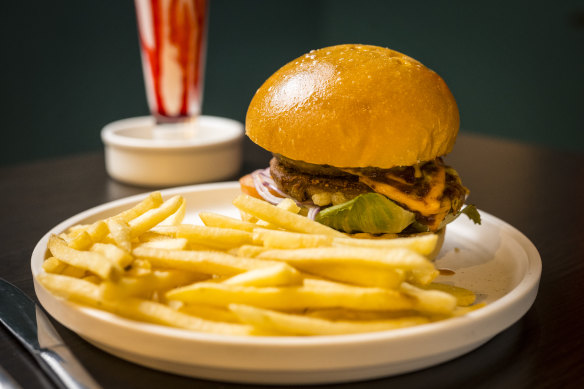 Tikki Tikki Bang Bang burger with a potato patty and two chutneys.