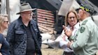 Toby Heydon, far left, inspected the burnt down Coolstore with Prime Minister Anthony Albanese, Premier Jacinta Allan and Emergency Services Minister Vicki Ward on Sunday. 