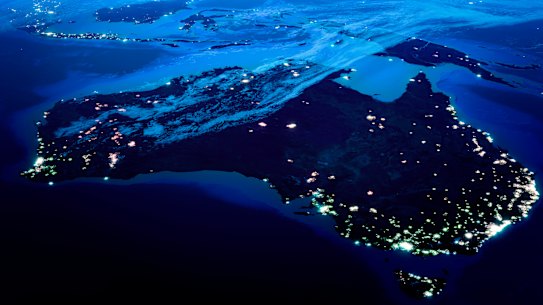 A satellite view of
the bright lights
of Australia at night
highlight how the
population is
concentrated in
our state capitals.