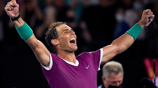 Rafael Nadal of Spain celebrates his win over Daniil Medvedev of Russia in the men’s singles final at the Australian Open.