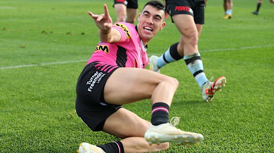 Debutant Panthers centre Charlie Staines celebrates one of his four tries on Saturday.