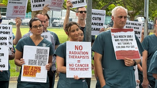Radiation therapists who walked out of Princess Alexandra Hospital on Wednesday in protest of the pay cut.