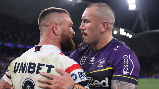 Nelson Asofa-Solomona (right) embraces Jared Waerea-Hargreaves.