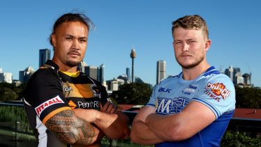 Andrew Fiagatusa of Penrith and Riley Jacobson of Two Blues pose during the 2021 Shute Shield launch.