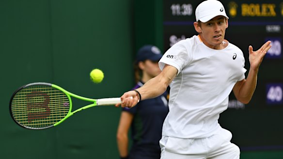 Alex de Minaur on the way to a first-round loss to American Sebastian Korda.