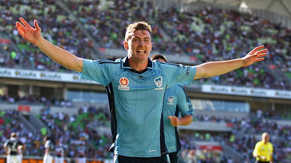 Sebastian Ryall celebrates after his late equaliser against Melbourne Victory on Australia Day, 2012.
