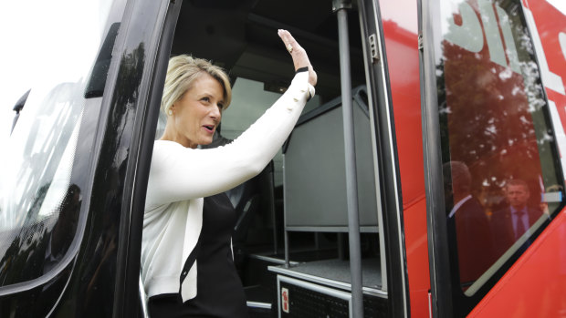 Senator Kristina Keneally boards Bill Shorten's campaign bus on the second day of the race to The Lodge. 