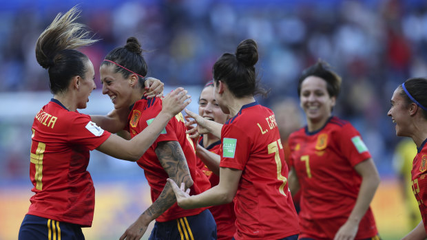 Jennifer Hermoso, second left, celebrates the goal that put Spain ahead.