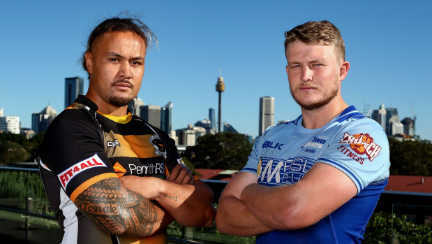 Andrew Fiagatusa of Penrith and Riley Jacobson of Two Blues pose during the 2021 Shute Shield launch.