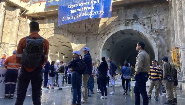 Walkers outside the entrance to the Cross River Rail’s northern corridor tunnel entry on Sunday.