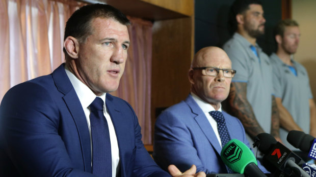 United front: Sharks captain Paul Gallen and CEO Barry Russell answer questions on Shane Flanagan's departure. 