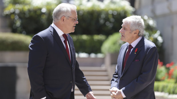 Scott Morrison and Australian War Memorial chairman Kerry Stokes at a Remembrance Day ceremony earlier this year.