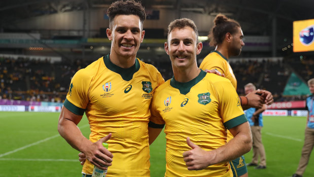 Old pals Matt Toomua (l) and Nic White have never started a Test together in the halves. 