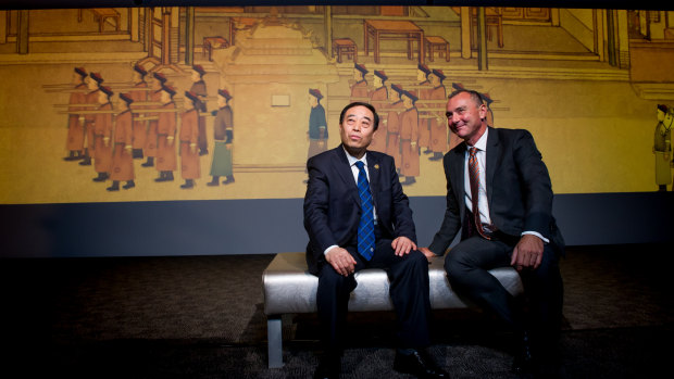 Deputy director of the National Museum of China Shan Wei with NNA director Dr Mathew Trinca at the launch of <i>The Historical Expression of Chinese Art: Calligraphy and Painting from the National Museum of China.</i>