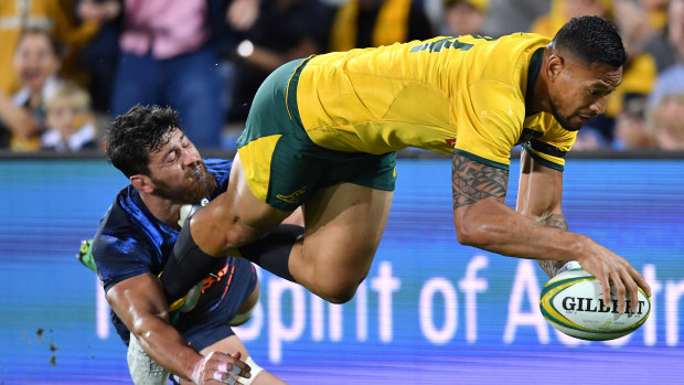 Slick finish: Folau scores in his comeback from an ankle injury on the wing.