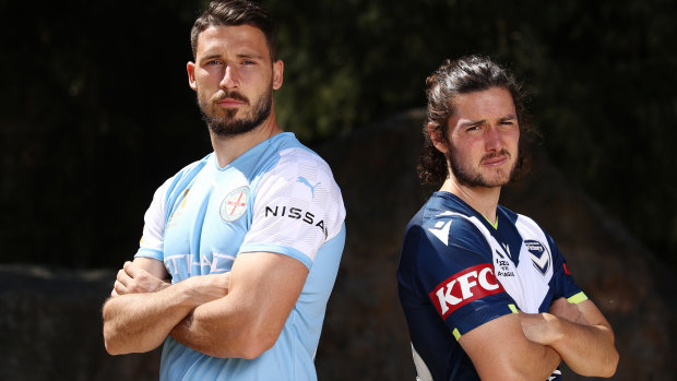 Arch rivals: Melbourne City’s Mathew Leckie and Victory’s Marco Rojas are ready to battle.