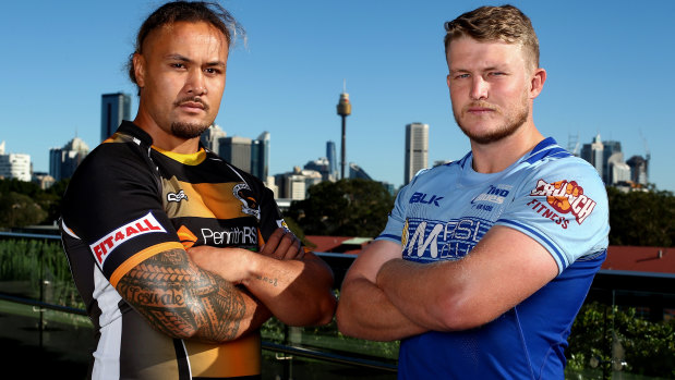 Andrew Fiagatusa of Penrith and Riley Jacobson of Two Blues pose during the 2021 Shute Shield launch.