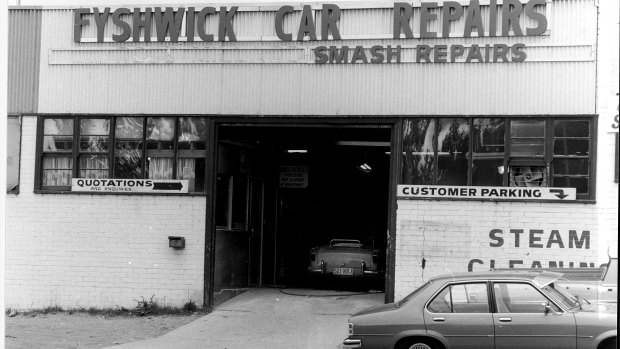 Smash repair and mechanics dominated Fyshwick during the early days, such as this one in Ipswich Street in 1979.