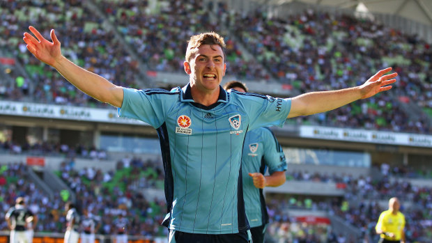 Sebastian Ryall celebrates after his late equaliser against Melbourne Victory on Australia Day, 2012.