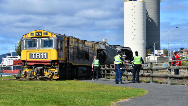 The freight train, carrying cement, came to rest on the grass.