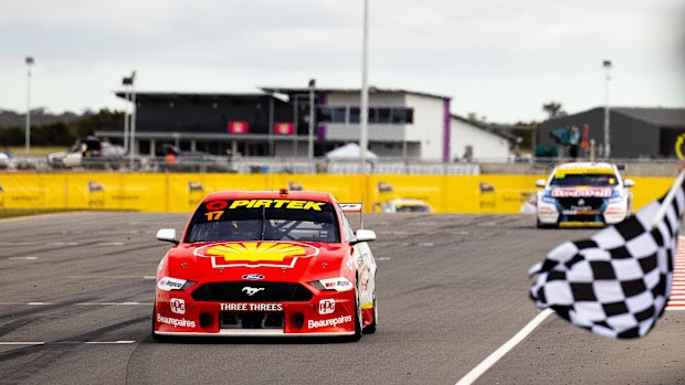 Flying finish: Scott McLaughlin storms home in race 3 of the Supersprint round.