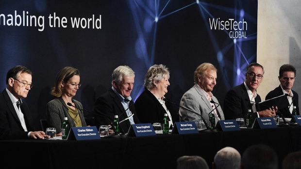 The WiseTech board at the company's AGM on Tuesday. Strong growth forecasts drowned out the short seller's report.