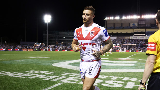 St George Illawarra’s Tariq Sims is sent to the sin bin after his high shot on Connor Tracey.