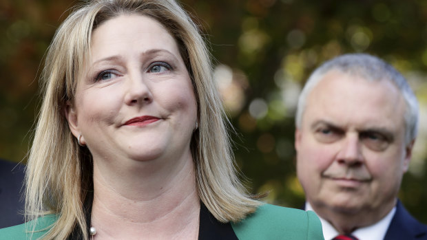 Centre Alliance MP Rebekha Sharkie with her colleague senator Stirling Griff, whose vote the government needs to pass its university funding reforms. 