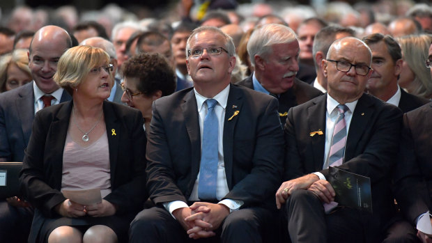 Police Minister Lisa Neville with Prime Minister Scott Morrison and former chief commissioner Ken Lay.