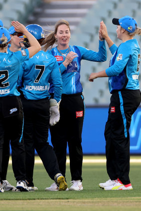 Amanda-Jade Wellington celebrates a wicket for Adelaide.