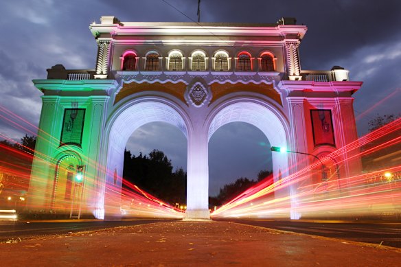 Enter here: The gateway of the Mexican city of Guadalajara, a 2026 World Cup venue, lit up in national colours.