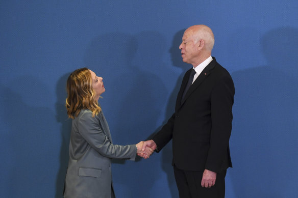Italian Prime Minister Giorgia Meloni with Tunisian President Kais Saied in April.